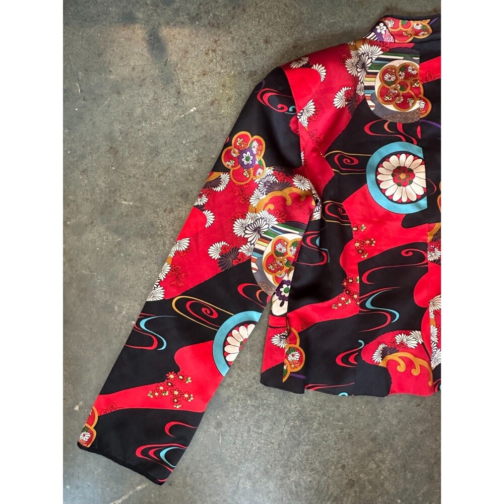 JS Collections Silk Jacket Floral Asian Print Mandarin Collar Red Black - Picture 6 of 8